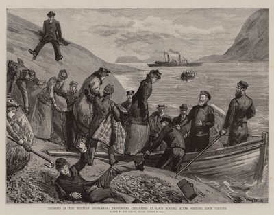 Toeristen in de Westelijke Hooglanden, Passagiers die inschepen bij Loch Scavaig na een bezoek aan Loch Coruisk door Sydney Prior Hall