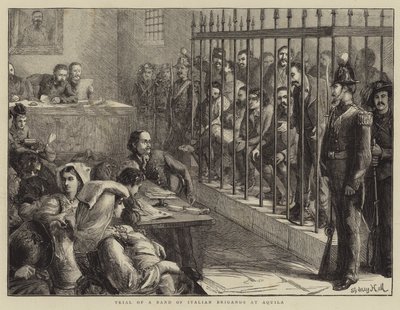 Proces van een bende Italiaanse bandieten in Aquila door Sydney Prior Hall