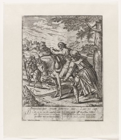 De barmhartige Samaritaan helpt de gewonde man op zijn ezel door Symon Novelanus