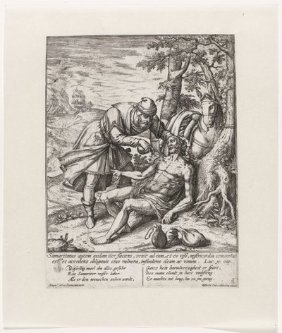 De barmhartige Samaritaan verzorgt de wonden van de overvallen reiziger door Symon Novelanus