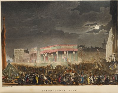 Bartholomew kermis. Voor het eerst gehouden in 1813, het was een jaarlijks evenement, elke augustus nabij Smithfield en was Londens langstlopende straattheater. door T. & Pugin A.C. (1762 1832) (after) Rowlandson