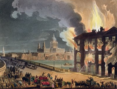 Brand bij Albion Mill, Blackfriars Bridge, uit Ackermann