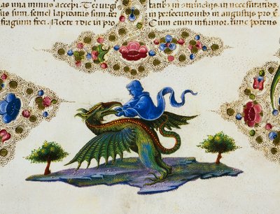 Randfries aan de voet van de pagina met figuur van genie en gevleugeld monster, Volume II f 198, v, Bijbel van Borso d