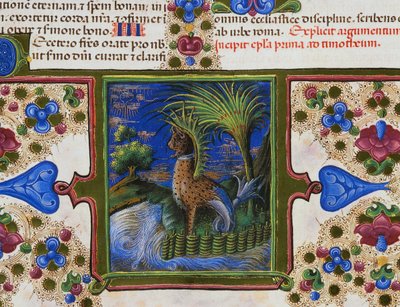 Randfries aan de voet van de pagina met monsterlijk dier in landschap, Deel II, f 207, v, Bijbel van Borso d