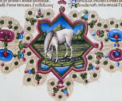Randfries aan de voet van de pagina met eenhoorn, Volume II f 245, v, Bijbel van Borso d