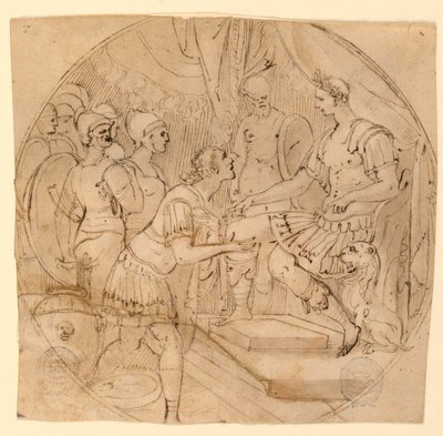 Ontwerp voor een bord of een tondo: Soldaten smekend voor een Romeinse generaal door Taddeo Zuccaro