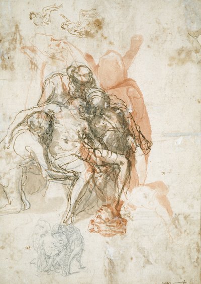 Drie figuren die een man ondersteunen, kleinere schets van hetzelfde, en studies voor de verblinding van Elymas door Taddeo Zuccaro