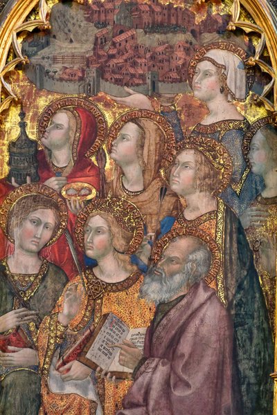Verschillende heiligen aanbidden de Madonna, Drieluik van de Hemelvaart door Taddeo di Bartolo