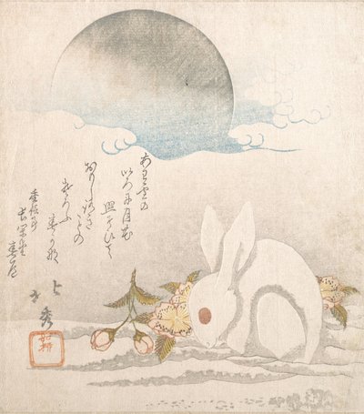 Maan, witte haas in de sneeuw, waarschijnlijk 1819 door Taisosai Hokushu