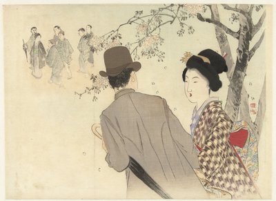 Man met bolhoed en paraplu en dame in kimono door Takeuchi Keishū