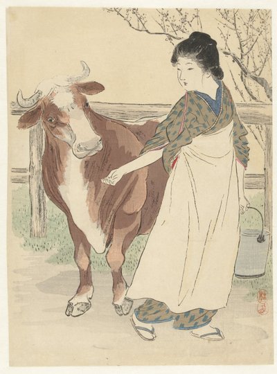 Melkmeid met koe door Takeuchi Keishū