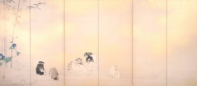 Scherm van Blauweregen en Morgenroos met Honden door Takeuchi Seiho