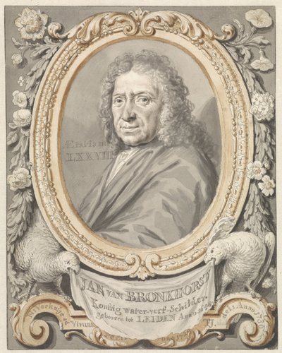 Portret van Johannes (Jan) van Bronkhorst in omlijsting met bloemen en twee vogels door Tako Hajo Jelgersma