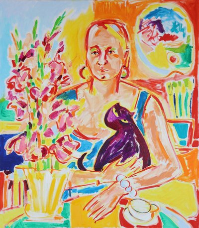 Zelfportret met een paarse kat naar Max Beckmann, olieverf op doek, 2024 door Tamara Jare