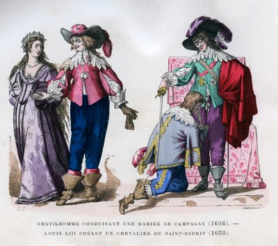 Een heer leidt een plattelandsbruid en Lodewijk XIII creëert een ridder door Tamisier
