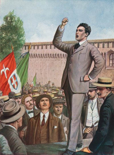 Filippo Corridoni spreekt de menigte toe in Milaan en eist de interventie van Italië in de oorlog door Tancredi Scarpelli