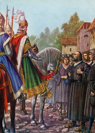 Frederik Barbarossa, in 1158, gevraagd door de inwoners om Lodi te herbouwen door Tancredi Scarpelli
