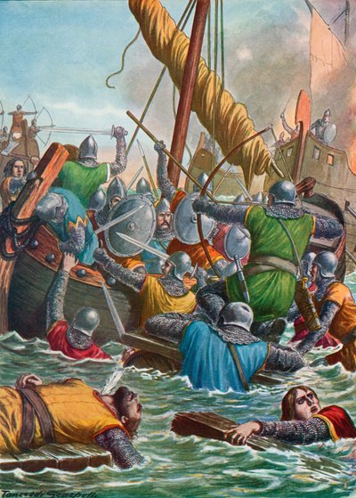Zeeslag in 806 tussen de Venetianen en de Franken door Tancredi Scarpelli