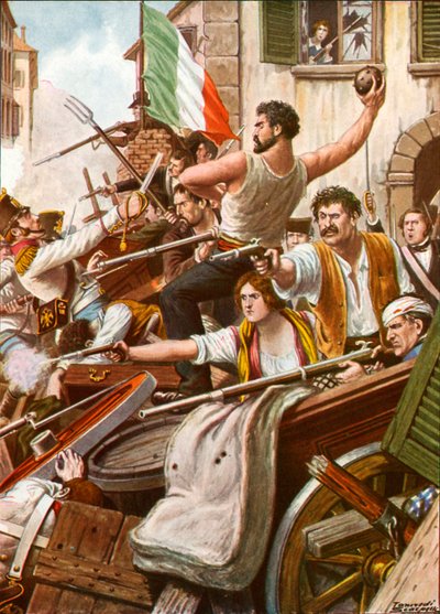 De Vijf Dagen van Milaan. Burgers van alle klassen bemannen de barricades door Tancredi Scarpelli