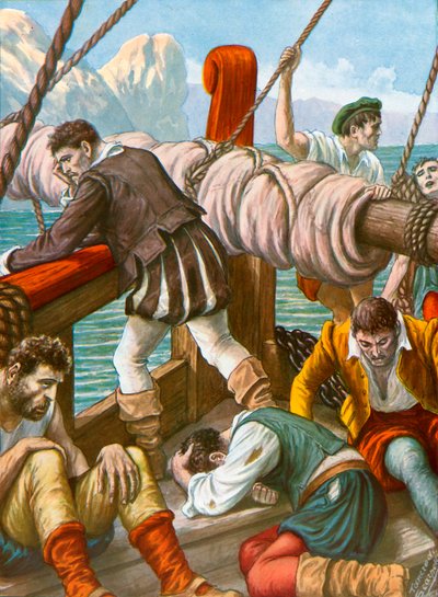 De bemanning van het Spaanse schip Trinidad gedecimeerd door honger en ziekte door Tancredi Scarpelli