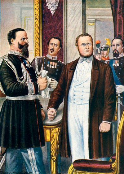 Victor Emanuel en Cavour vernemen van de wapenstilstand van Villafranca, 12 juli 1859 door Tancredi Scarpelli