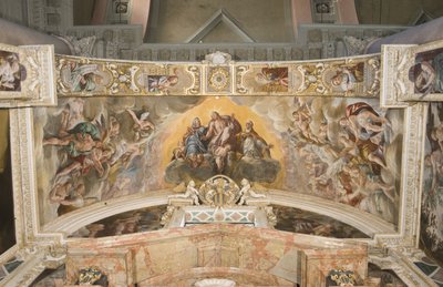 Christus in Glorie met Sint Gaudentius en in de boog Zacharia, Mozes en Koning David door Tanzio da Varallo