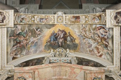 Christus in glorie met Sint Gaudentius en in de boog Zacharias, Mozes en koning David door Tanzio da Varallo