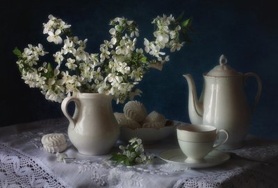 White Blossoms Theetijd door Tatyana Skorokhod
