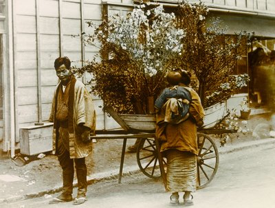 Rondtrekkende bloemenverkoper in de straten van Tokio, circa 1900 - 1915 (foto) door Teijiro Takagi
