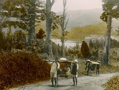Japans meisje in een Kago, regio Hakone, circa 1900 - 1915 (foto) door Teijiro Takagi