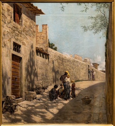 Kleine Toscaanse straat met figuren door Telemaco Signorini