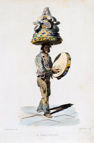 De tamboerijnman, gravure door Giovanni Fusaro (1803-1894) naar een tekening van Teodoro Duclere (1816-1867). Italië door Teodoro Duclere