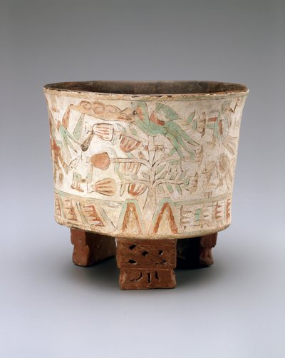 Tripod Vaas met Twee Blaaspijpschutters en Quetzal Vogels in Cacaobomen, Late Xolalpan, 550-650 door Teotihuacan Teotihuacan
