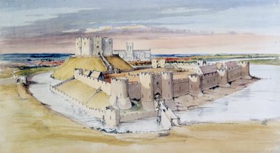 Illustratie van York Castle, North Yorkshire, zoals het zou kunnen zijn geweest in de late 13e eeuw, 1985 door Terry Ball