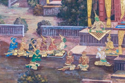 Muurschildering met scènes uit de Ramayana in Wat Phra Kaeo, het Koninklijk Paleis, Bangkok, Thailand door Thai School