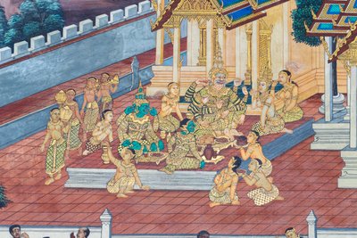 Muurschildering met scènes uit de Ramayana in Wat Phra Kaeo, het Koninklijk Paleis, Bangkok, Thailand door Thai School