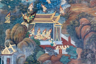 Muurschildering met scènes uit de Ramayana in Wat Phra Kaeo, het Koninklijk Paleis, Bangkok, Thailand door Thai School