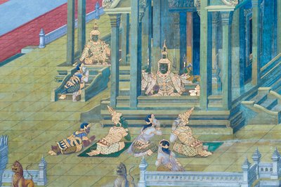 Muurschildering met scènes uit de Ramayana in Wat Phra Kaeo, het Koninklijk Paleis, Bangkok, Thailand door Thai School
