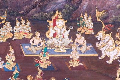 Muurschildering met scènes uit de Ramayana in Wat Phra Kaeo, het Koninklijk Paleis, Bangkok, Thailand door Thai School