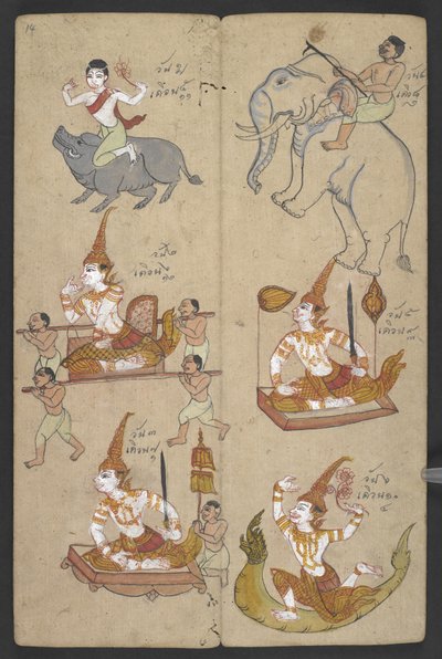Or 16455 f.14r, Dieren uit de dierenriem, uit Phrommachat (perkament) door Thai School