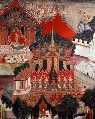Scènes uit het leven van Boeddha, midden 19e eeuw (muurschildering) door Thai School