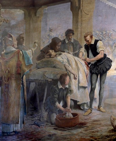 De dokter Ambroise Paré voert de ligatie van de slagaders uit op een haakbusschutter gewond tijdens het beleg van Metz door Karel V in 1553 (detail) door Theobald Chartran
