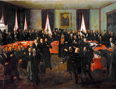 Proclamatie van de unie van de prinsdommen van Roemenië ... (schilderij op doek) door Theodor Aman