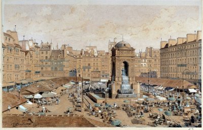 Gezicht op de Marche en de fontein van de onschuldigen in Parijs in de 19e eeuw. Aquarel door Theodore Joseph Hubert Hoffbauer (1839-1922) 19e eeuw Parijs, Musee Carnavalet door Theodor Josef Hubert Hoffbauer