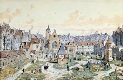Uitzicht op de begraafplaats van de Onschuldigen in Parijs in 1550 door Theodor Josef Hubert Hoffbauer