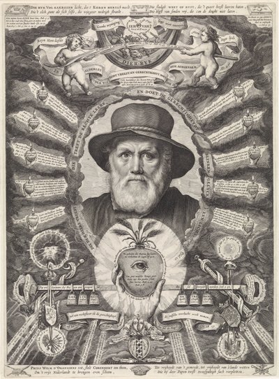 Portret van Dirck Volckertsz. Coornhert in allegorische omlijsting door Theodor Matham