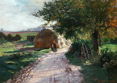 Landelijk pad met een klein meisje uit Schwalm door Theodor Matthei