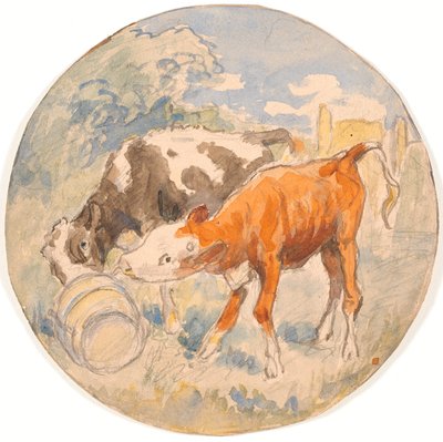 Twee kalveren in de natuur, likkend aan een omgevallen paardenbloem (schets voor keramische schaal) door Theodor Philipsen