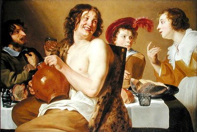 Mensen eten en drinken rond een tafel door Theodor Rombouts