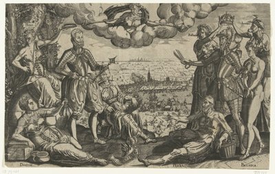 Vergelijking tussen Oranje en Alva, met op de achtergrond de Spaanse Furie, ca. 1577 door Theodor de Bry (attributed to)
